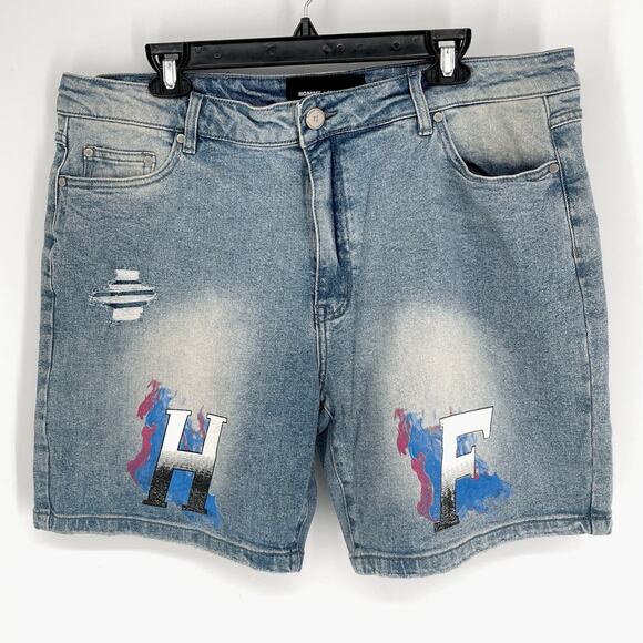 Homme + Femme Mens Hand Painted Logo Distressed Jean Shorts Sz 38 Denim Blue - Picture 1 of 10